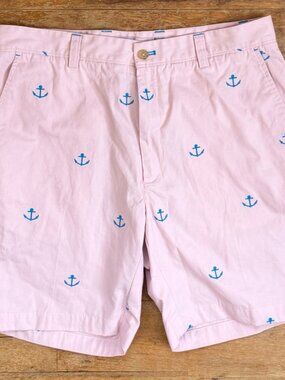 J McLaughlin Mens Shorts Size 34 Pink Cotton Embroidered Anchors 8" Inseam  Bran